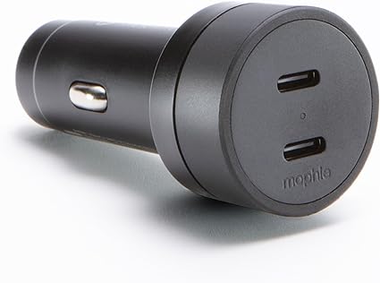 mophie 60W Dual USB-C Car Charger, Universal AUX Compatibility, LED Indicator, Fast Charging, Multi-Device