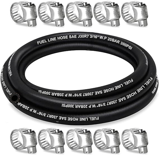 Fuel Line 3/16 Inch ID, Fuel Hose 10FT 300PSI High-Pressure, J30R7 Fuel Line Hose NBR with 10 Clamps.