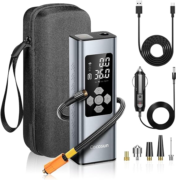 Tire Inflator Portable Air Compressor, 2X Faster Inflation [9400mAh Battery & 12V DC Cord] Car Tire Pump with LCD Display