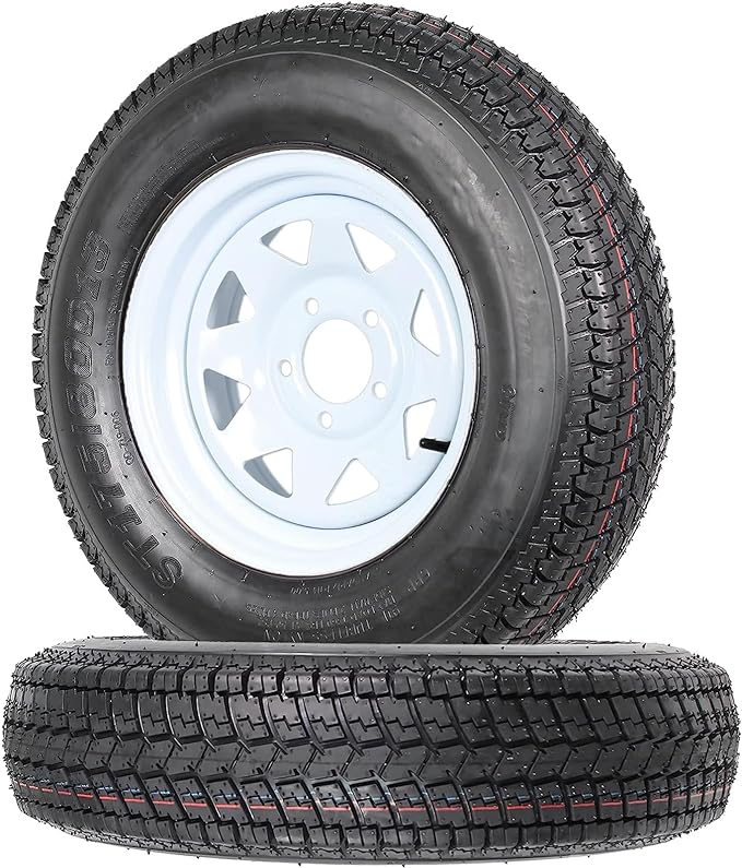 Trailer Tires Rims ST175/80D13 175/80 13 Tire 5 Lug White Spoke Wheel Load Range C, 6 PLY, Set of 2